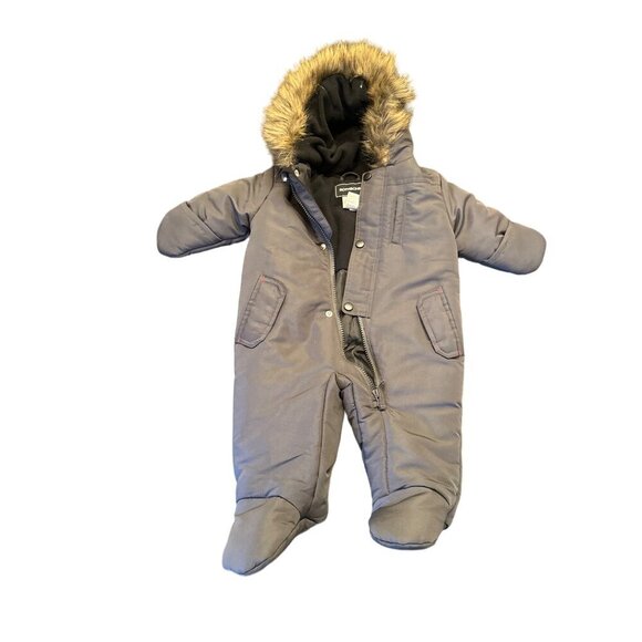 Rothschild Infant Snowsuit 6/9M Gray Faux Fur Hooded Winter Outerwear - Picture 1 of 5